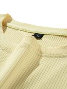 Men's Pale Yellow Ribbed Casual T-Shirt, Stretch Loose Short Sleeve, Commute Camping Beach Fashion Top - Yellow - View 8