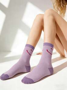 1双女士淡紫色笑脸透气中筒袜，薄款，适合春秋季穿着 - 紫丁香色 - 查看 2