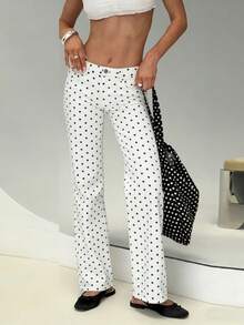 Women's Slim Fit Denim Pants Mid Rise Tapered Leg Stretch Jeans With Black Spotted Pattern - Putih - View 10