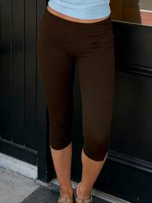 Women's Fold Over Capri Pants Elastic Low Waist Knee Length Stretch Tight Sold Color Yoga Pants Women Fold Over Capri Pants Low Rise Knee Length Stretch Yoga Leggings Y2k Going Out Crop Ruched Pant Streewear - 黑色 - 查看 4