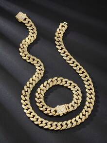 一套男女款个性化13毫米嘻哈风格镶钻粗链项链手链套装，欧美粗金链街头嘻哈粗链镶钻男女款嘻哈说唱镶钻项链手链套装，带包装盒 - 金黃色 - 查看 4