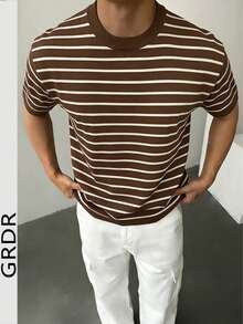 GRDR 男士休閒海軍藍與白色條紋 T 恤 - 夏季極簡時尚短袖 - 棕色 - 查看 2