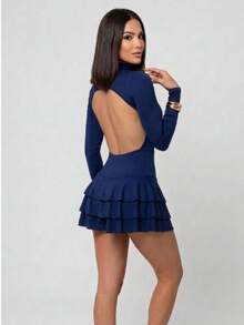 Women's Short Dress With Long Sleeves, Open Back, Ruffled Hem, Elegant, Layered, For Parties, Beach, Vacations, Stage And Concerts. - Navy Blue - View 1