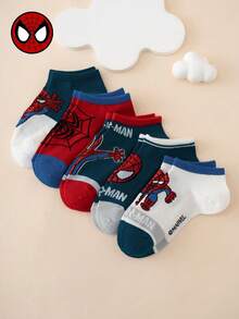 5 pares de calcetines cortos para niños de la serie Marvel con patrón de letras de Spider-Man de dibujos animados - Multicolor - Ver 5