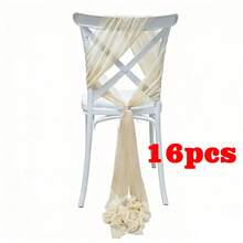 16pcs/Set Romantic Wedding Chair Sash Bow Decor, 20*275cm/7.8*108in Long Chiffon Ribbons For Wedding Aisle, Ceremony, Reception, Church, Party, Outdoor Decoration - Champagne - View 9
