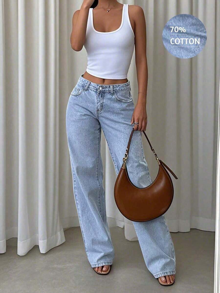Vintage Blue Loose Wide-Leg Jeans For Women, New Loose Fit Straight Leg Pants, Suitable For Holidays, Festivals, Denim Outfits, Jeans, Trousers, Outings, Women's Jeans, Women's Denim Outfits, Women's Jeans, Bottoms Casual Spring - 淺色水洗 2 - 查看 1