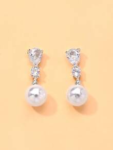 1 Đôi bông tai mặt dây chuyền đính đá và ngọc trai siêu nhỏ, kiểu dáng tối giản, hiện đại, phù hợp cho phụ nữ đeo hàng ngày, là món trang sức thanh lịch cho các sự kiện trang trọng và tiệc tùng. - Bạc - Xem 2