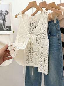 Women's Cream Color Tie-Up Knit Sleeveless Semi-Sheer Tank Top, Fashionable Summer Holiday Decorative Blouse - Apricot - View 6
