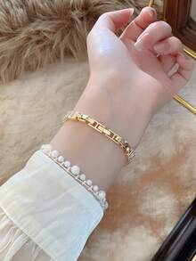 1件小巧精緻優雅時尚簡約數字女款手鍊腕錶 方形優雅石英手錶，適合日常佩戴，生日禮物 - 金色 - 查看 6
