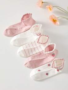 5 Pairs Cherry Pattern Ruffle Trim Women's Ankle Socks, White & Pink, Non-Slip Comfortable Breathable Moisture-Wicking, Suitable For Spring/Summer, Suitable For Sports And Leisure - Pink - View 7