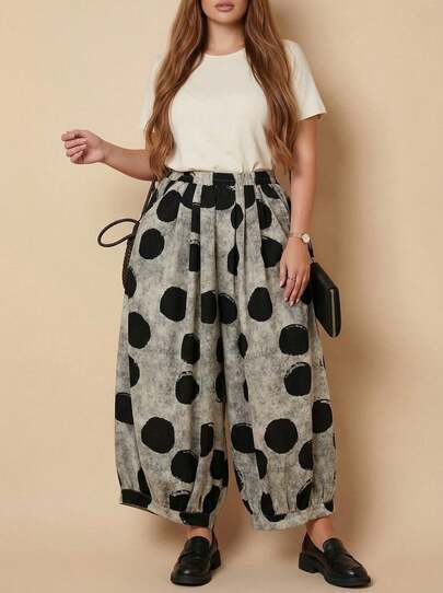 Whisplicity 大码女式波点印花弹力腰裤 春季