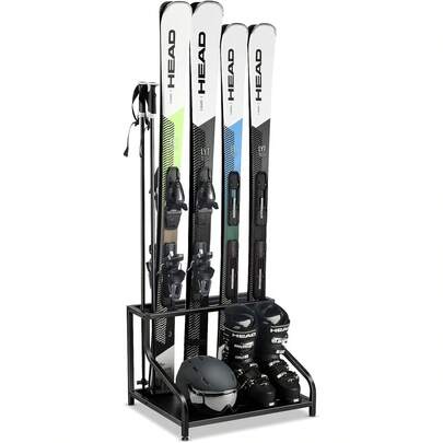 Ski Storage Rack For Garage - Freestanding Ski Holders For 4 Pairs Of Skis, Ski Boot, Ski Poles, Goggles, Helmet And More, Heavy Duty Steel Floor Stand Ski Organizer For Garage Basement