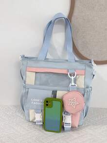 Fashion Color Block Tote Bag, Large Capacity Shoulder Crossbody Bag, Zipper Closure, Versatile For Shopping, Fits Phone, Wallet, Suitable For Stylish Middle-Aged & Young Women - Baby Blue - View 4