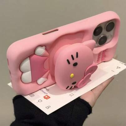  【品牌：Sa Ni Ro】1件可爱时尚的猫咪吊带连衣裙，粉色蝴蝶结装饰，搭配Sanrio Hello Kitty手机壳，硅胶防水防震材质，带猫咪头支架，适用于 17系列、11/12/12 Pro、13/14/15、13 Pro/14 Pro/15 Pro、12 Pro Max/13 Pro Max/14 Pro Max/15 Pro Max、16、16 Pro、16 Pro Max、16e、17、17 Pro、17 Pro Max，柔软亲肤，母亲节好礼