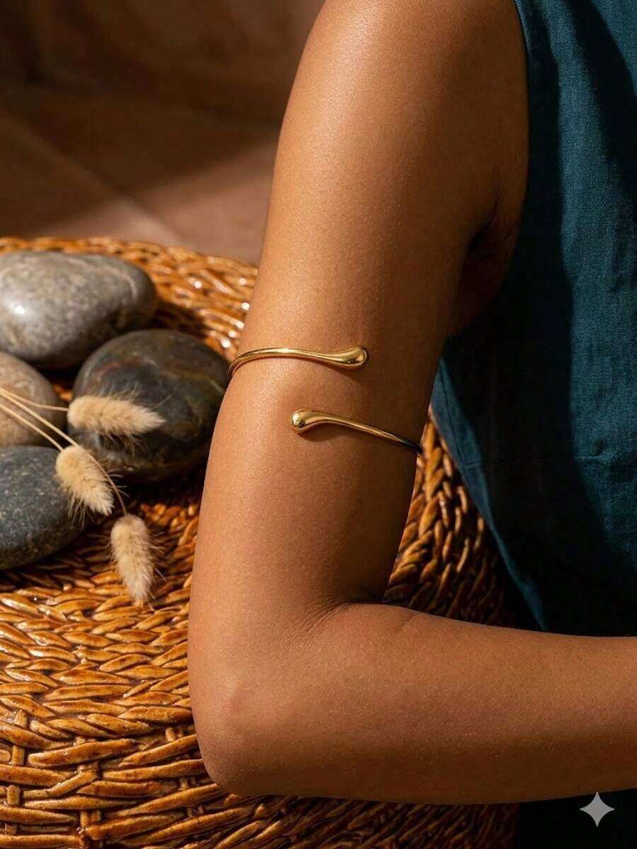 1pc Bohemian Vacation Style Lava Open Arm Chain Fashion Bracelet, Liquid Geometric Metal Bangle, Perfect For Parties, Gifting, Daily Wear And Travel - Gold 4 - View 1