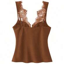 2026 New Elegant Spaghetti Strap Sexy Contrast Lace Sleeveless Fitted Vintage Tank Top, Fashionable Street Style Clothing For Women Casual Summer - Rust Brown - View 2