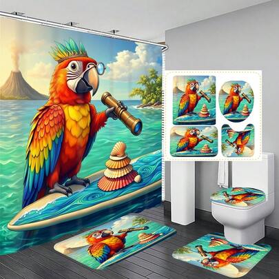 Bộ 1/4 món đồ trang trí phòng tắm đa năng họa tiết vẹt lướt ván, kèm 12 móc treo miễn phí, mang đến không gian nghỉ dưỡng thanh lịch. Bộ sản phẩm bao gồm thảm phòng tắm, thảm chữ U và thảm tròn, phù hợp với mọi không gian phòng tắm.