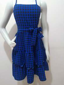 Checkered Dress With Thin Straps - Festa Junina 2025. Shortened Design That Flatters The Body, Vibrant Colors, With Built-In Bra. - 藍色 - 查看 3