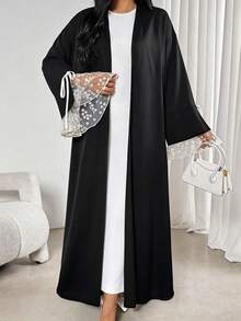 Áo Abaya dài thanh lịch dành cho nữ với tay áo loe ren tương phản, chất liệu vải dệt. - màu đen - Xem 6