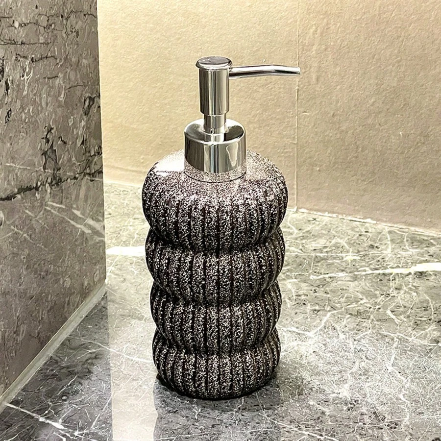可重复灌装按压式皂液器,复古优雅陶瓷黑灰色闪光皂液器,浴室收纳整理器,洗手池液体皂液器,沐浴露瓶,乳液瓶,浴室配件 - 深灰色 - 查看 1