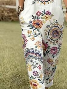 Bohemian Style Mandala Flower Print Women's Adjustable Strap Overalls, Polyester Fabric, Lightweight & Breathable, Women's Clothing, Regular Women's Clothing, Women's Jumpsuits & Rompers, Women's Jumpsuit, Women's Plus Size Jumpsuit - 彩色 - 查看 3
