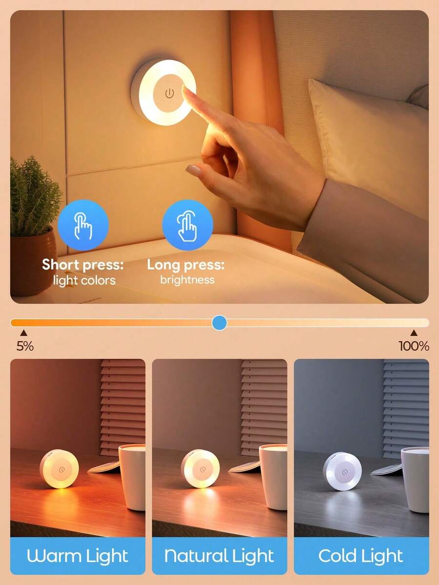 1pc LED Night Light With Touch Switch, 3 Adjustable Light Colors & Brightness, Bedside, Wardrobe, Cabinet, Staircase, Hallway Decor Night Light