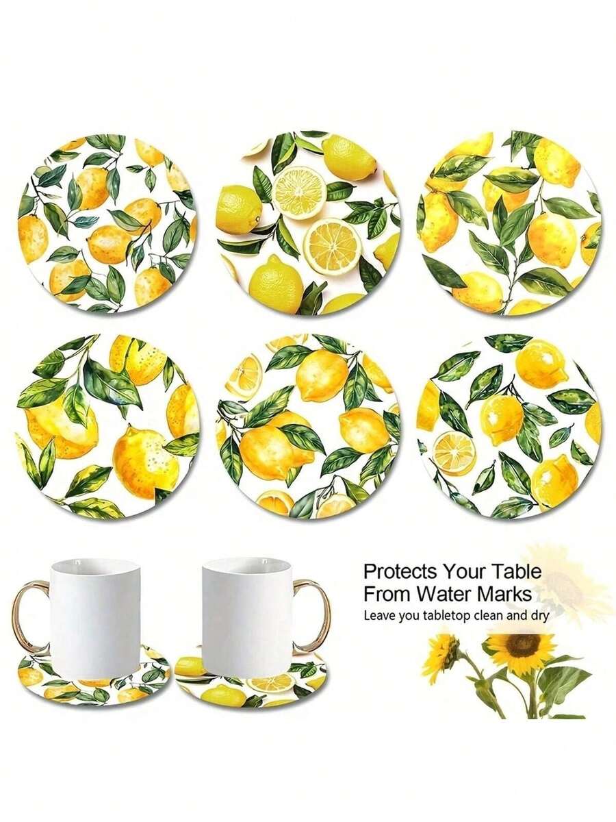 6pcs Lemon Leaf Pattern Yellow Minimalist Style Unique Fashionable Wooden Coasters, Suitable For Kitchen, Living Room And Dining Room - Multicolor - View 1