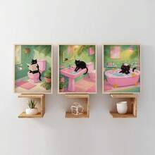 3件套趣味十足的黑猫浴室装饰画；灵感源自多巴胺的马卡龙风格可爱宠物插画海报；适用于浴室和客房的墙面装饰；无框 - 動物 - 查看 11