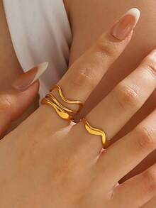 2pcs Stainless Steel 18K Gold Plated Minimalist Line Design Open Ring, Suitable For Women's Daily Wear And Party - Gold - View 1