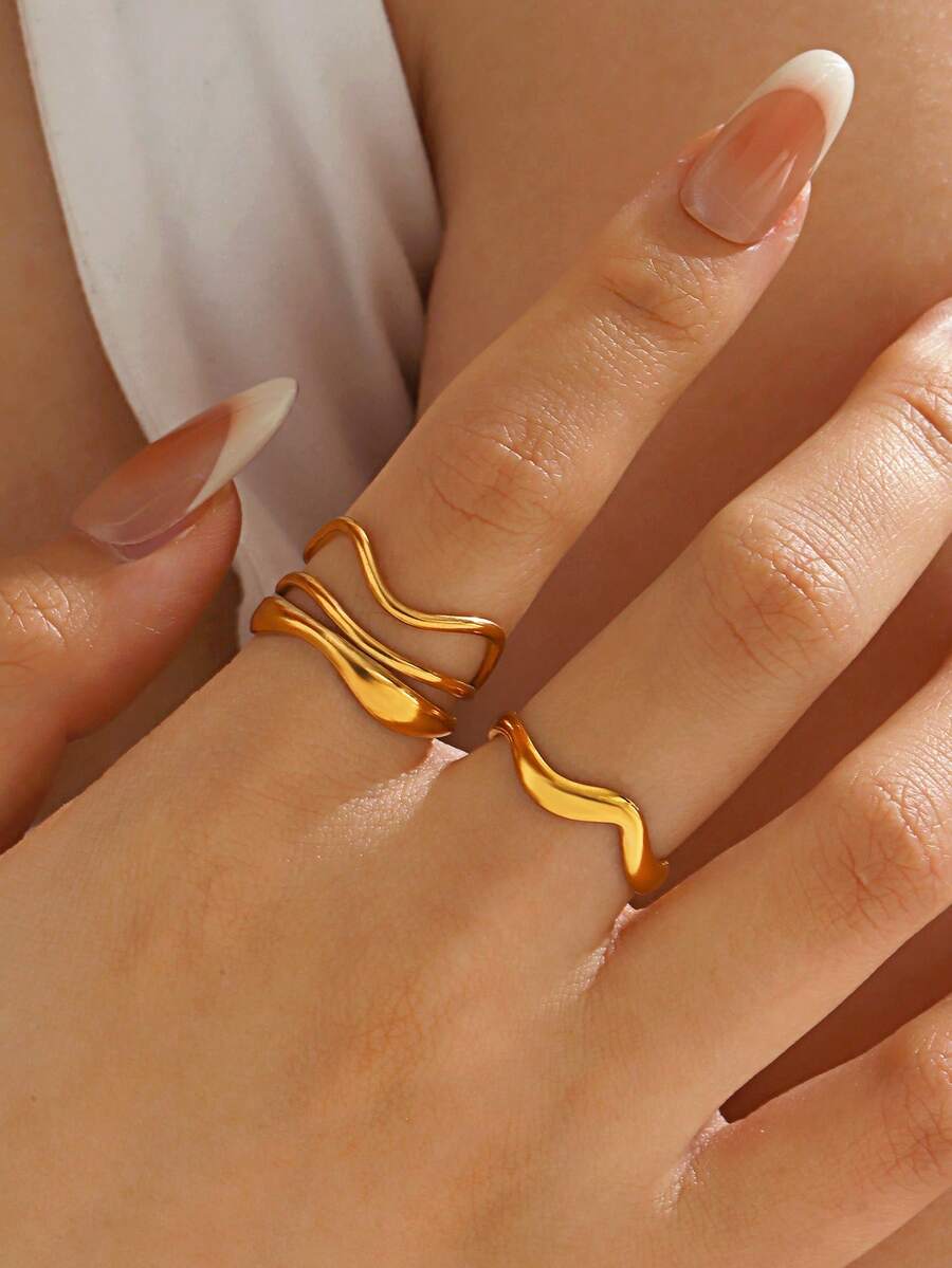 2pcs Stainless Steel 18K Gold Plated Minimalist Line Design Open Ring, Suitable For Women's Daily Wear And Party - Gold - View 1