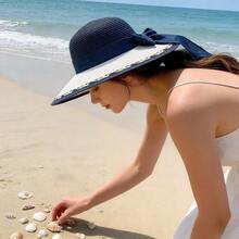 Stylish Straw Hat With Bowknot,Beach Hat,Hats For Women,Beach Hats For Women,Elegant Women's Sun Hat, Beach Sun Protection Hat, UV Protection Hat, Wide Brim Summer Sun Hat - 藏蓝色 - 查看 9