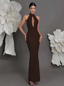 Halter Neck Knitted Bandage Dress, European And American Luxury New Arrival Evening Gown, Fashion Sexy Bodycon Dress For Family Parties, Cocktail Parties Party Wedding - Coffee Brown - View 6