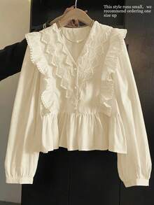 ii Blusa de manga larga con volantes, parches de encaje y unicolor casual para primavera - Albaricoque - Ver 3