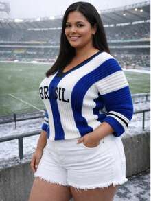 Brazil Blouse In Modal Knit, Plus Size - Xanh và trắng - Xem 4