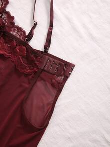 2pcs/Set Women Lace V-Neck Camisole Transparent Nightgown Set, Sexy Lingerie - Redwood - View 7