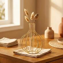 1 peça Vaso de flores moderno estético geométrico em metal e vidro com tubo de ensaio, vaso decorativo nórdico em forma de lâmpada vazada para capim-dos-pampas e flores artificiais, decoração para casa, sala de estar, quarto, cozinha, escritório, casamento, Páscoa, primavera, centro de mesa - A - Ver 10