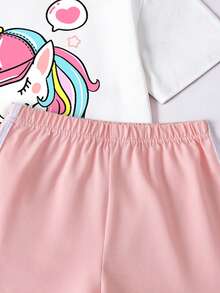 2pcs/Set Girls Unicorn Print Short Sleeve Top And Shorts Set - Multicolor - View 6
