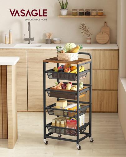 VASAGLE 5-Tier Kitchen Storage Cart With Pull-Out Baskets, Rolling Trolley With Wheels, Handle, Rustic Brown And Black