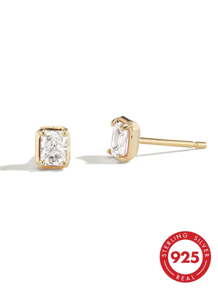 Pendientes de botón únicos y de moda con zirconia cuadrada chapada en oro de plata de ley 925, para uso diario casual de mujeres - Pendiente de circonita - Ver 1