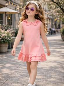 小女孩甜美粉色无袖连衣裙，配有娃娃领，A字裙摆，适合日常穿着和度假穿着，甜美优雅。 - 粉色 - 查看 1