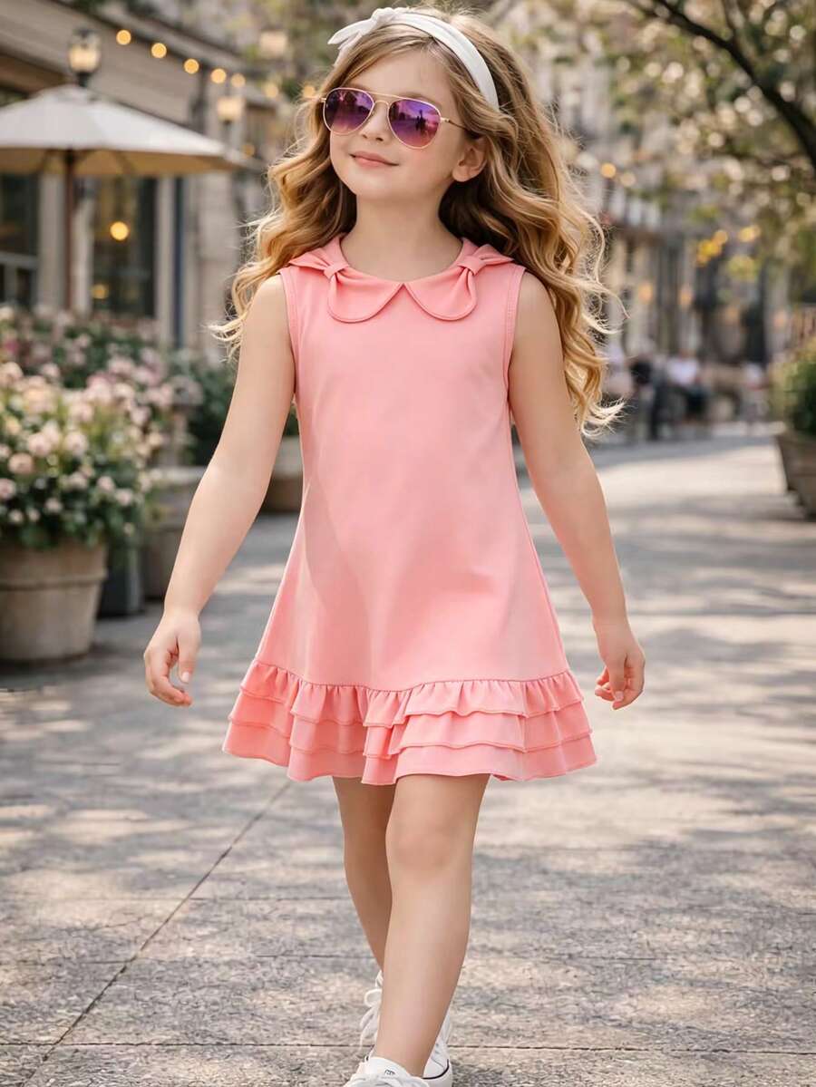 小女孩甜美粉色无袖连衣裙，配有娃娃领，A字裙摆，适合日常穿着和度假穿着，甜美优雅。 - 粉色 - 查看 1