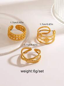 3pcs/Set Stainless Steel 18K Gold Plated Geometric Line Design Ring Set, Suitable For Women's Daily Wear - Gold - View 3