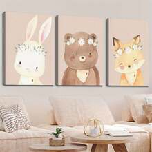 Charming 3pcs Unframed Canvas Wall Art Set - Daisy & Woodland Animals Theme, Boho Style Bunny, Bear, Fox Prints. Home Decor Suitable For All Occasions, Ideal New Year's And Valentine's Day Gifts, Room Decor Aesthetics, Wall Art, Perfect Gifts, Living Room Decor, Bedroom Decor, Kitchen Decor, Entryway Decor - 111 - View 14