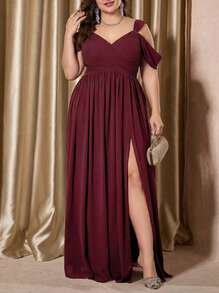 Voworia Plus Size Women's Open Shoulder Short Sleeve Chiffon Bridal Dress, Elegant Dress, Birthday Dress, Bridesmaid Dress Wedding Spring Party - Burgundy - View 1