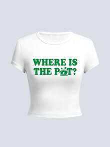 Camiseta ajustada ligera, suave y cómoda, estilo callejero con estampado gráfico verde inspirado en "¿Dónde está el oro?", camiseta básica blanca de verano casual - Blanco - Ver 3