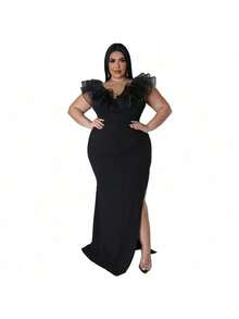 Women's Solid Color Fitted Party Dress - Black - View 1