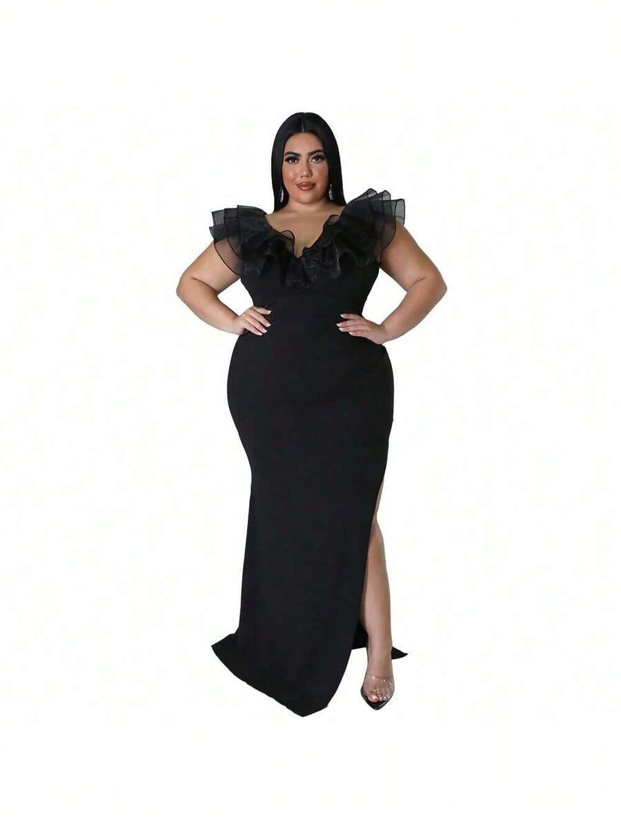 Women's Solid Color Fitted Party Dress - Black - View 1