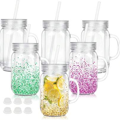 24 Oz Plastic Snow Globe Tumbler, 6 Pack Pre-Drilled Double Wall Acrylic Mason Jars With Handle For Glitter Snow Globe, Snowglobe Tumbler Supplies