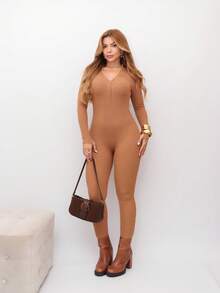 Virginia Ribbed Jumpsuit Tricot Modal With Zipper On The Front Great Quality Women's Jumpsuit Long Sleeve Fashion Style - Khaki - View 6