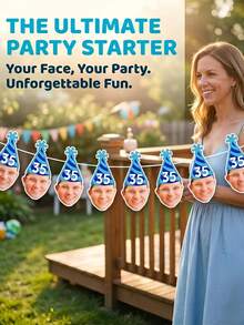 7/14/21pc Custom Photo & Number Birthday Hat Banner – Personalized Blue Striped Party Hat Garland With Face Photo | First Birthday, Back To School - Multicolor - View 5
